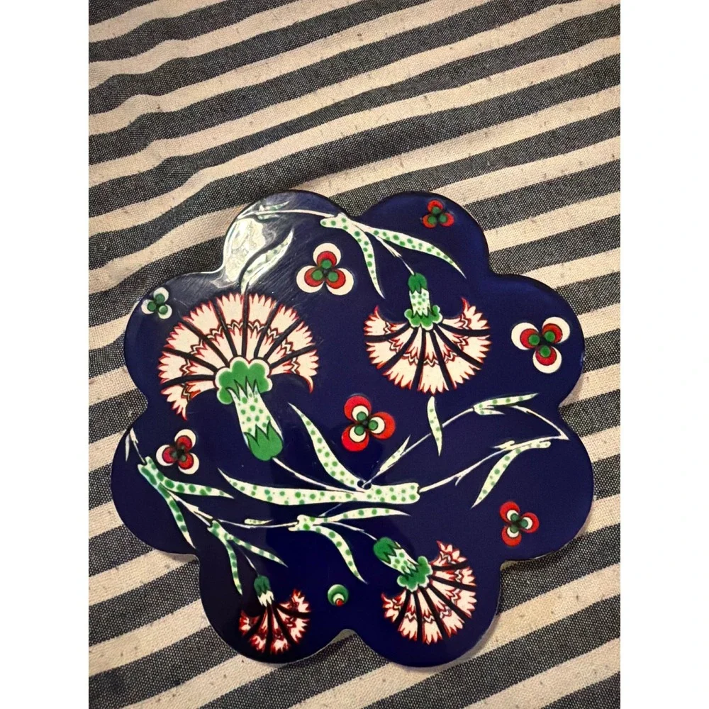 Turkish Ceramic Floral Trivet Hand Painted Iznik Style Cobalt Blue Scalloped 7in